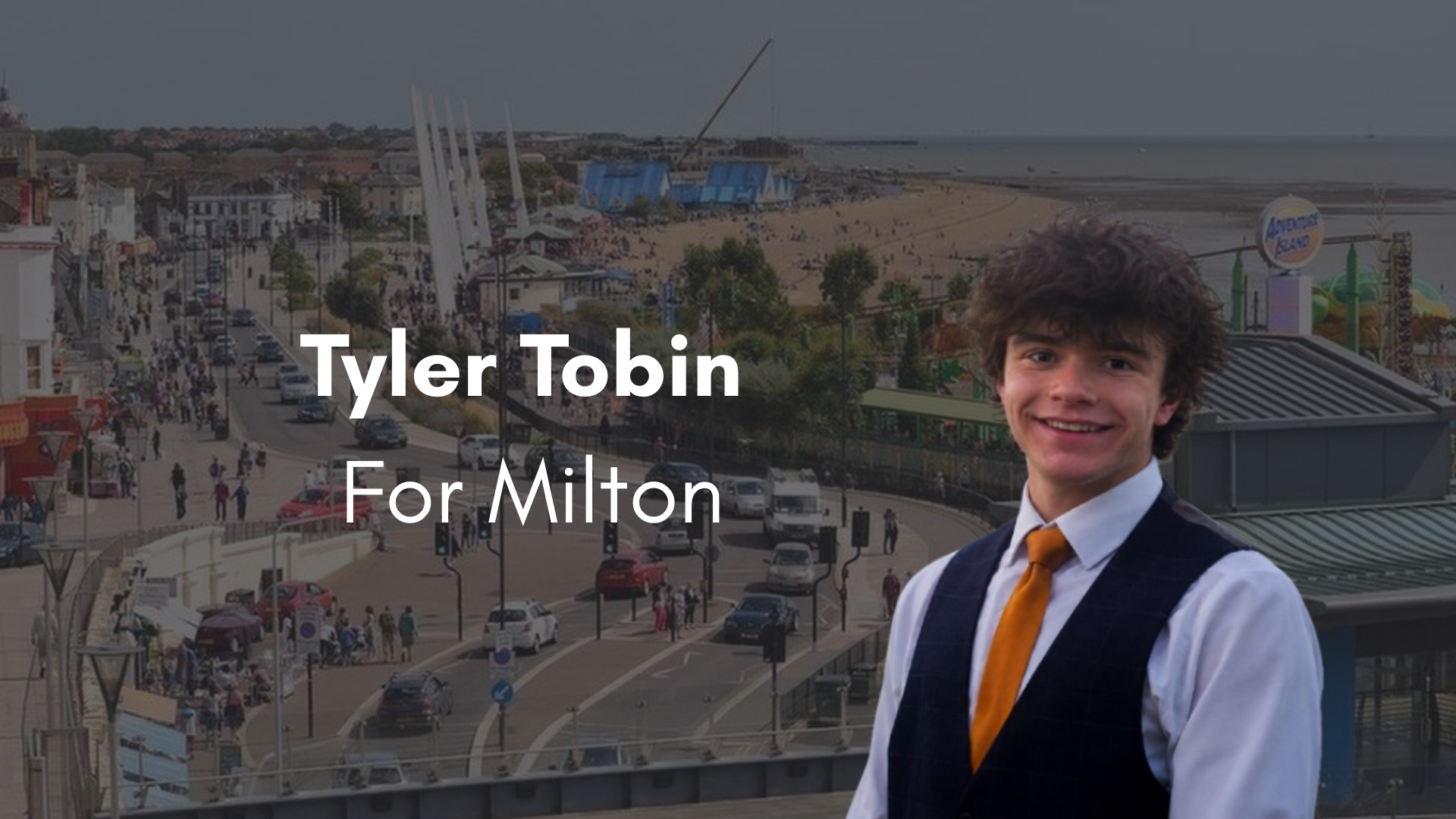Tyler Tobin standing above Southend-on-Sea seafront and high street